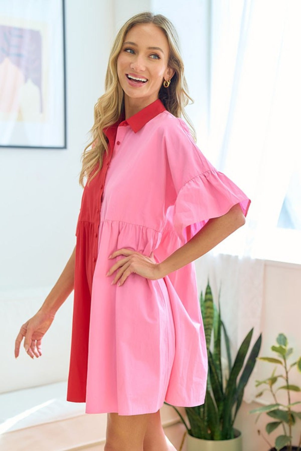 First Love Full Size Color Blocked Button Down Babydoll Dress - ClassiQ