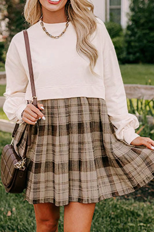 Plaid Round Neck Long Sleeve Mini Dress - Classique Collection