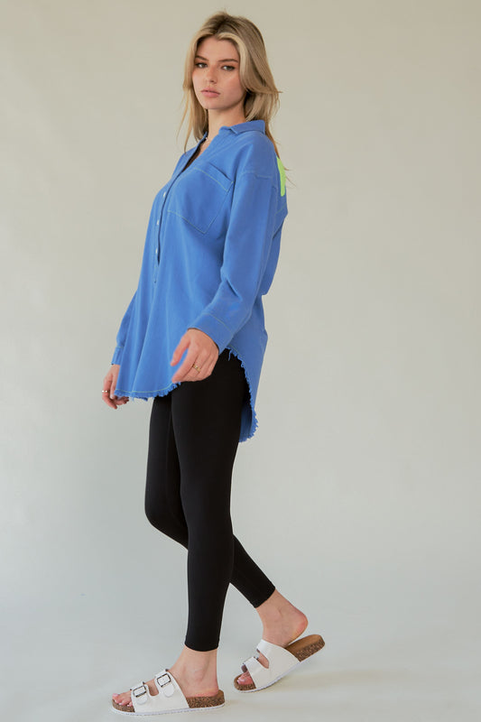 Davi & Dani Letter Back Raw Hem Half Button Shirt - Classique Collection
