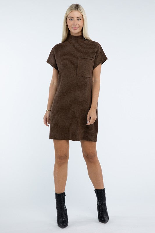 Mock Neck Short Sleeve Sweater Dress with Pocket - Classique Collection