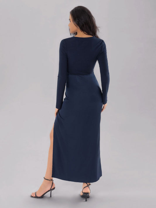 Split Round Neck Long Sleeve Midi Dress - Classique Collection