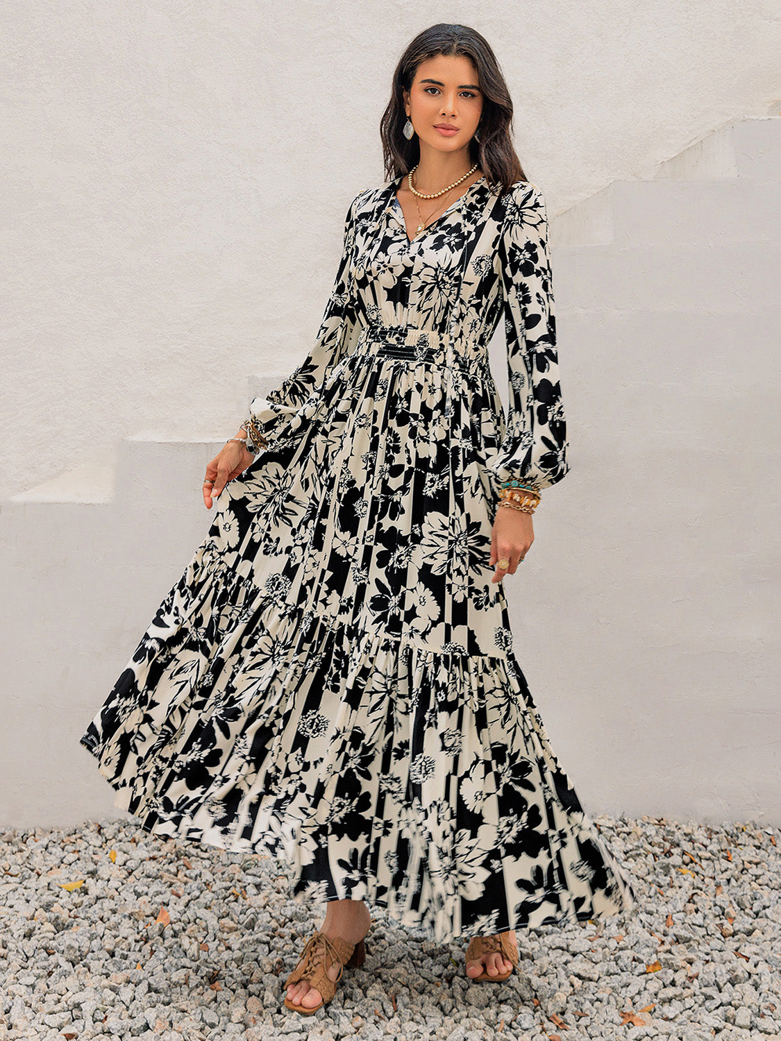 Smocked Printed Tie Neck Long Sleeve Dress - Classique Collection