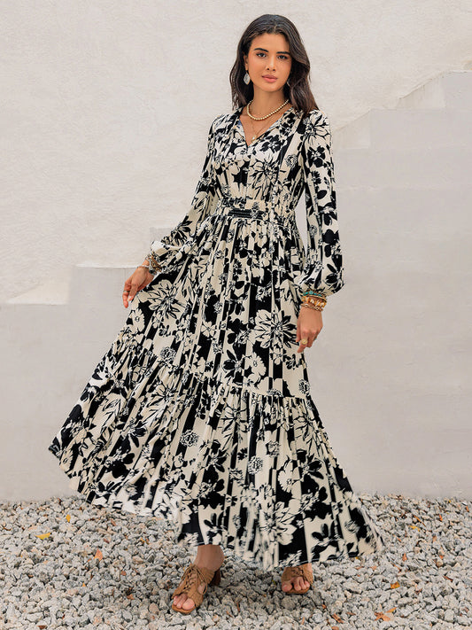 Smocked Printed Tie Neck Long Sleeve Dress - Classique Collection