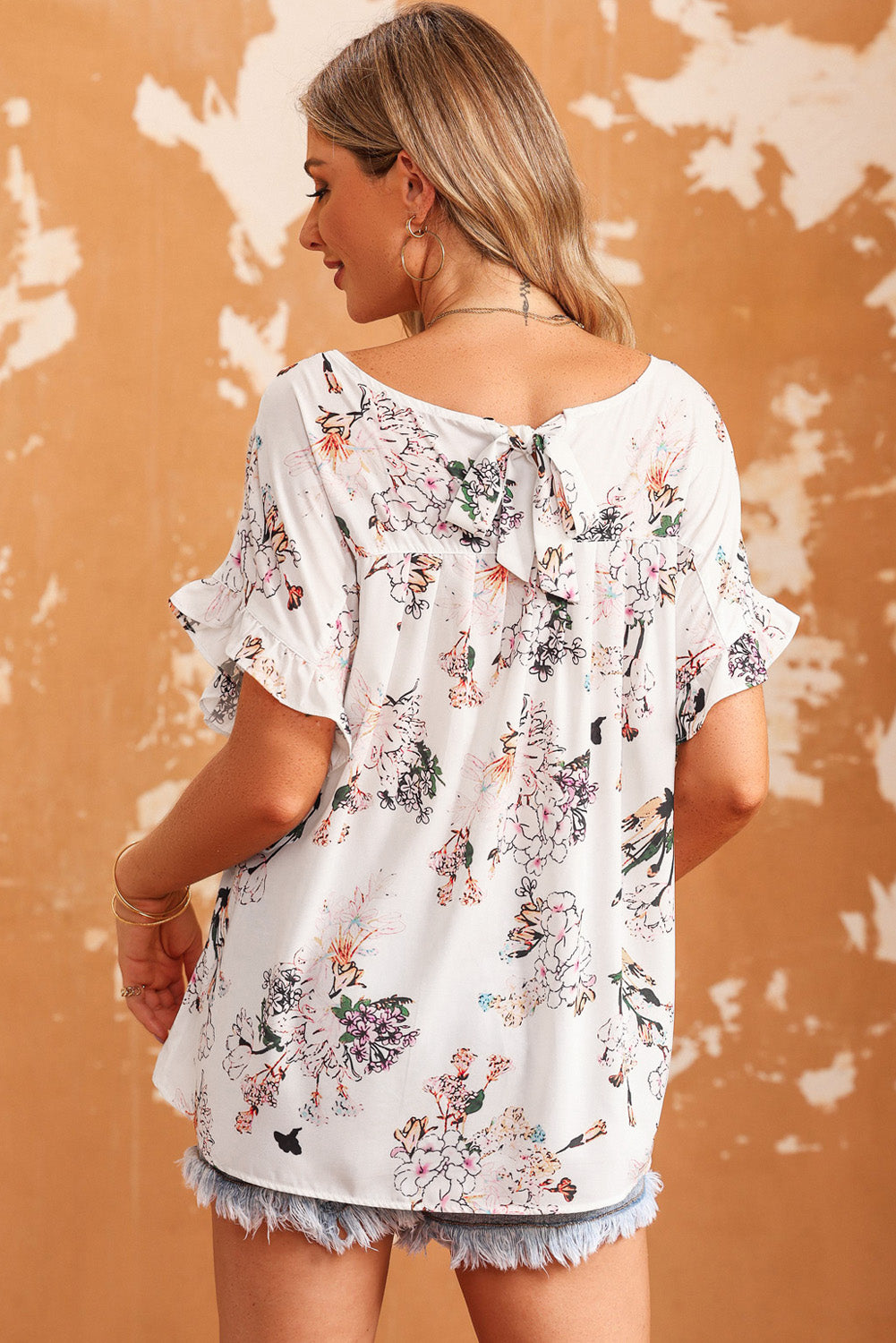 Floral Boat Neck Flounce Sleeve Blouse - Classique Collection