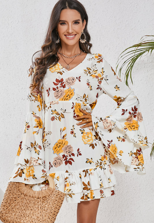 Printed V-Neck Flare Sleeve Mini Dress - Classique Collection