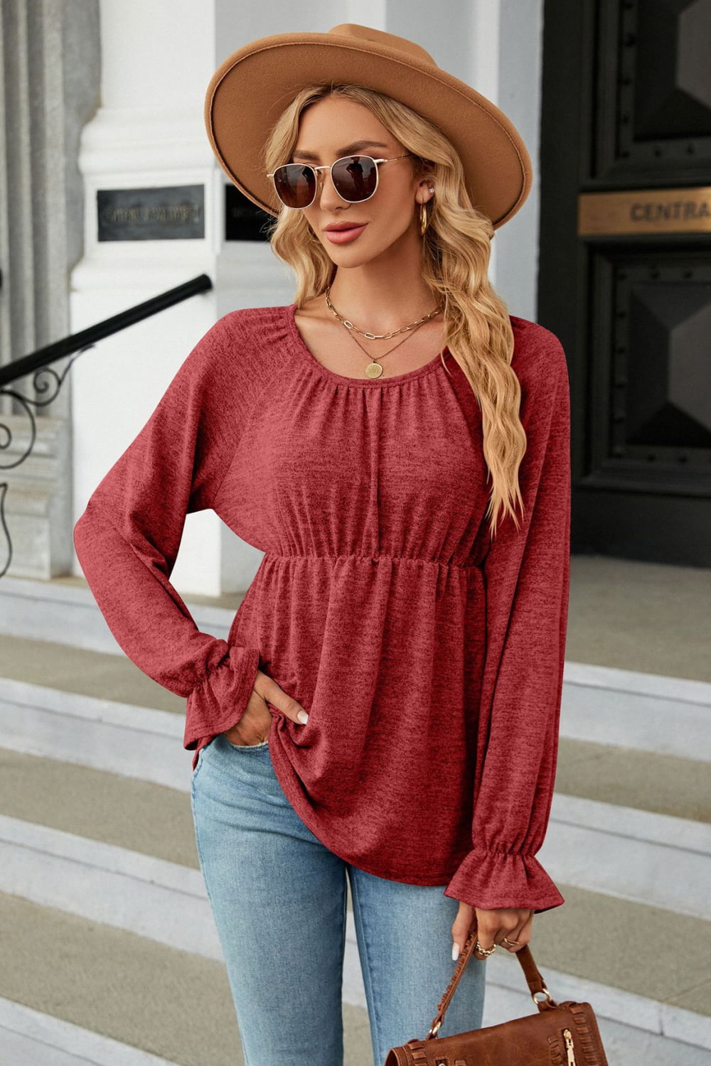 Round Neck Flounce Sleeve Blouse - Classique Collection