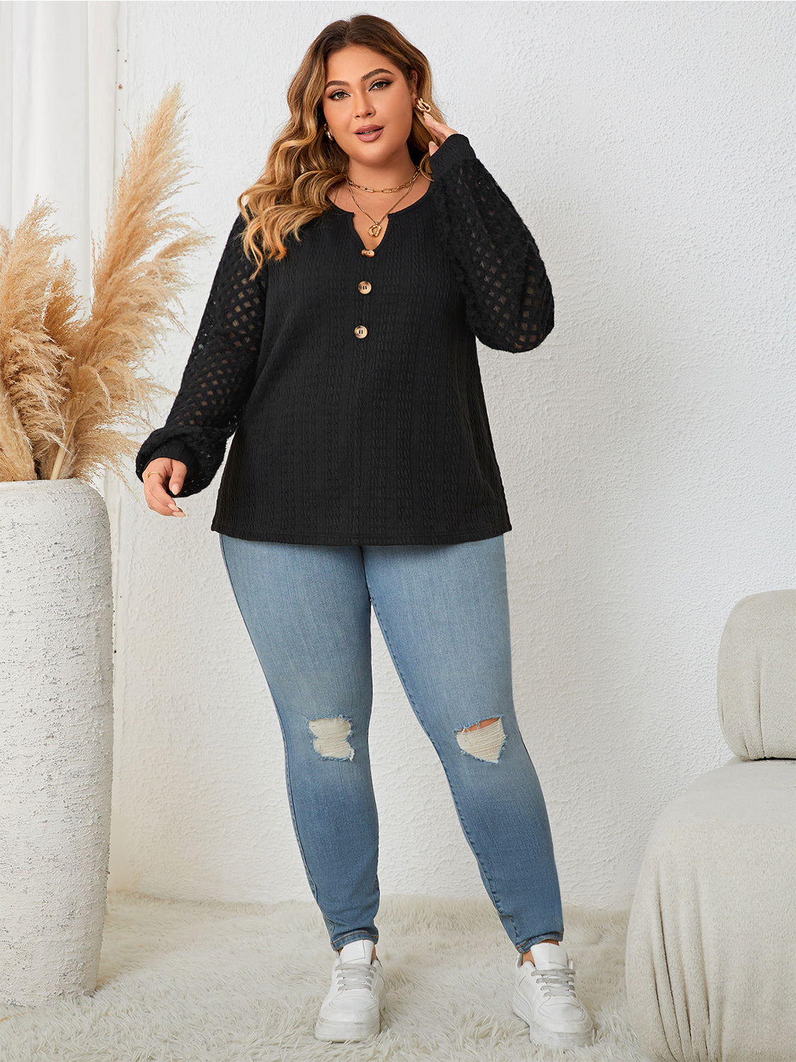 Honey Plus Size Openwork Notched Button Front Blouse - Classique Collection