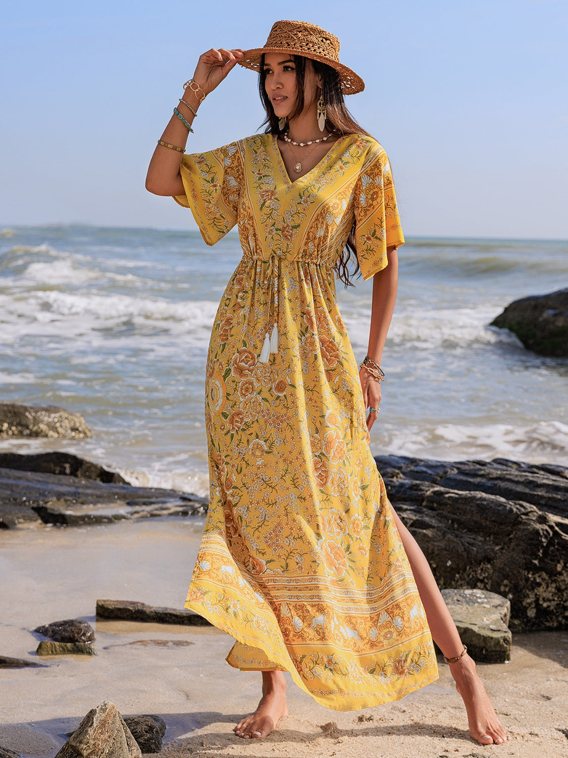 Drawstring Printed Plunge Half Sleeve Dress - Classique Collection