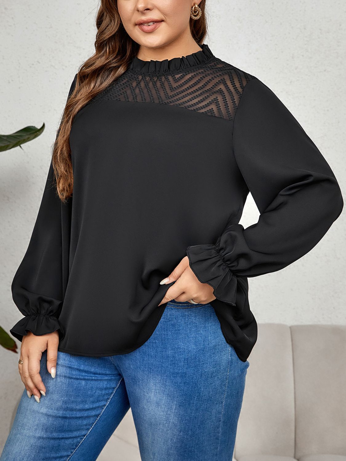 Honey Plus Size Round Neck Flounce Sleeve Blouse - Classique Collection