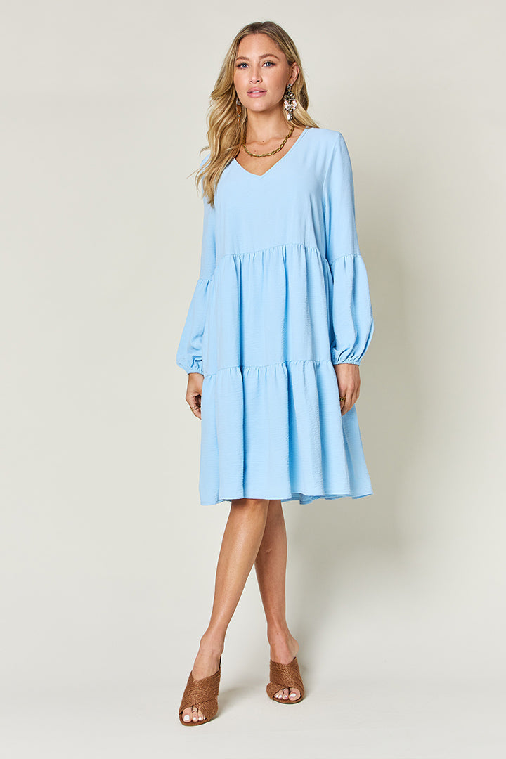 Double Take Full Size V-Neck Balloon Sleeve Tiered Dress with Pockets - Classique Collection
