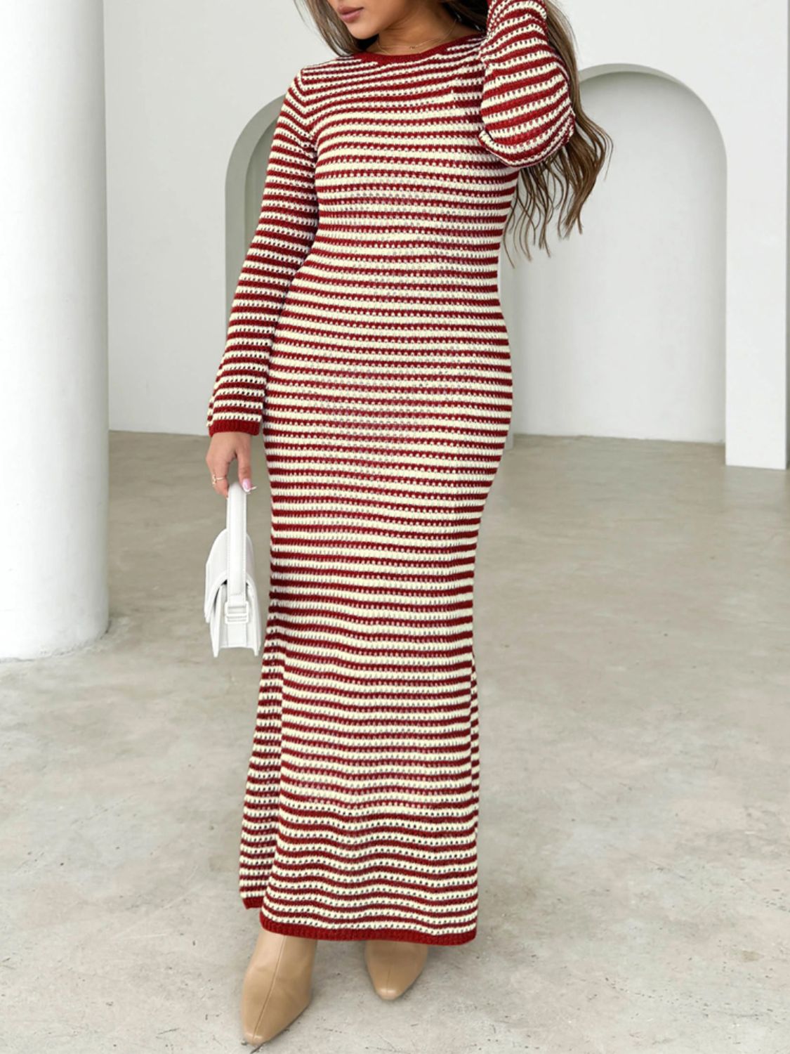 Devine Tied Round Neck Striped Sweater Dress - Classique Collection