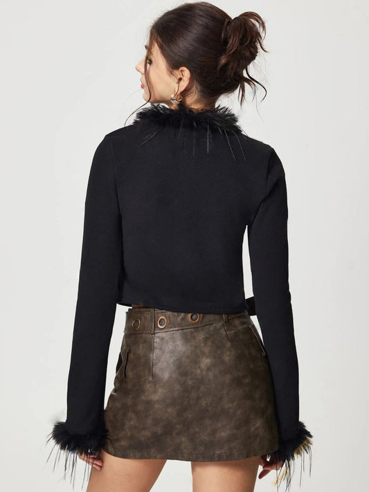 Tied Fuzzy Trim Long Sleeve Knit Cardigan - ClassiQ