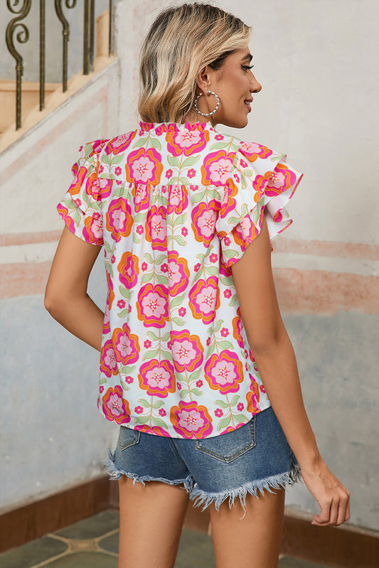 Rose Boho Floral Print Ricrac Ruffle Sleeve Blouse - ClassiQ