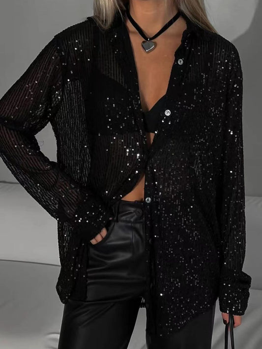 Sequin Button Up Long Sleeve Shirt - Classique Collection