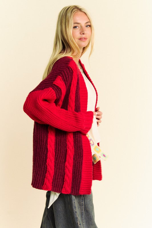 Davi & Dani Cable-Knit Color Block Open Front Cardigan - ClassiQ
