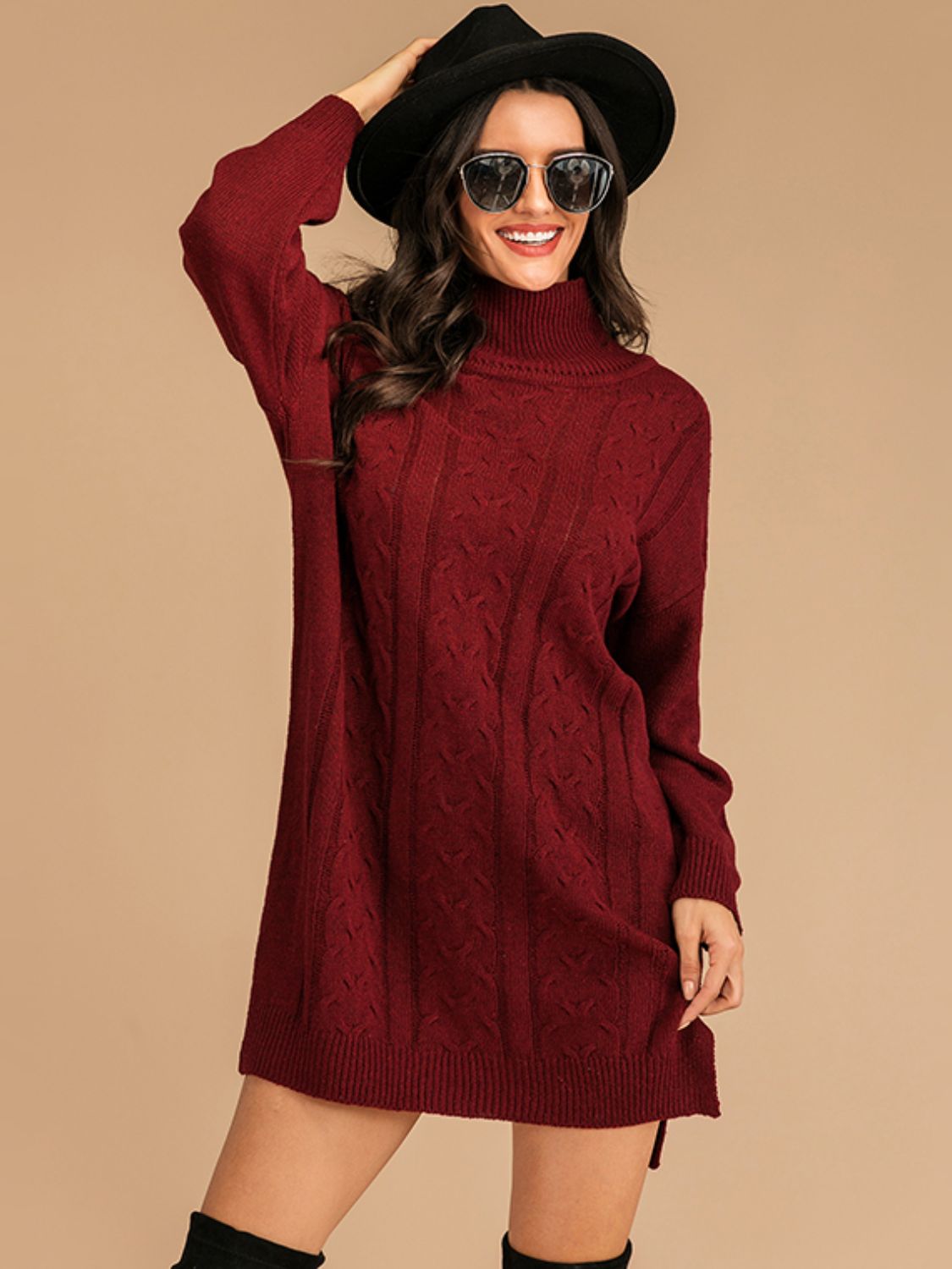 Perfee Slit Turtleneck Long Sleeve Mini Sweater Dress - Classique Collection