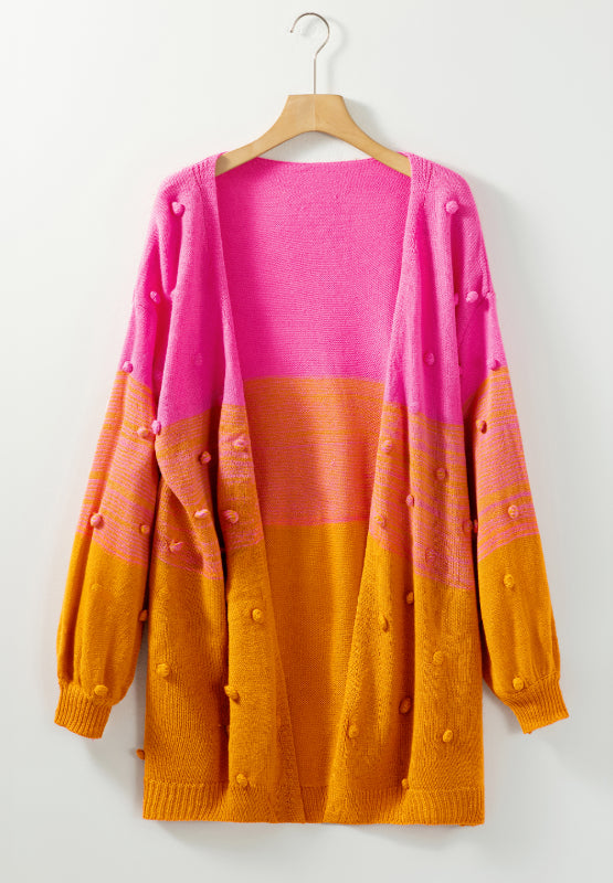 Pompom Color Block Open Front Cardigan - ClassiQ