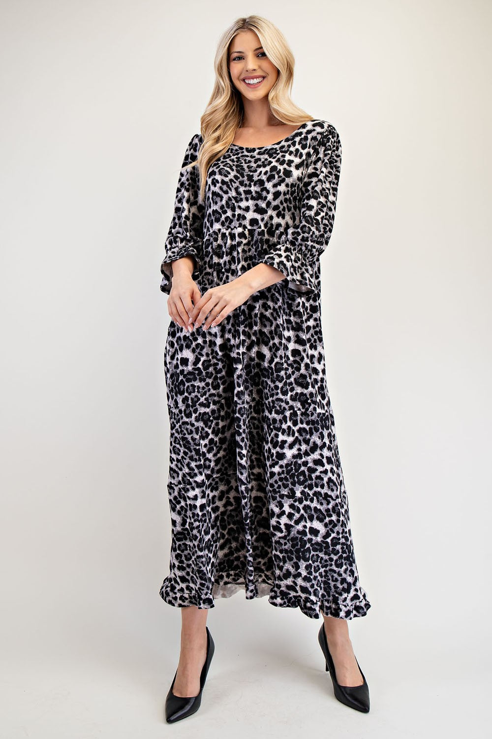 Celeste Full Size Leopard Round Neck Flounce Sleeve Dress - Classique Collection