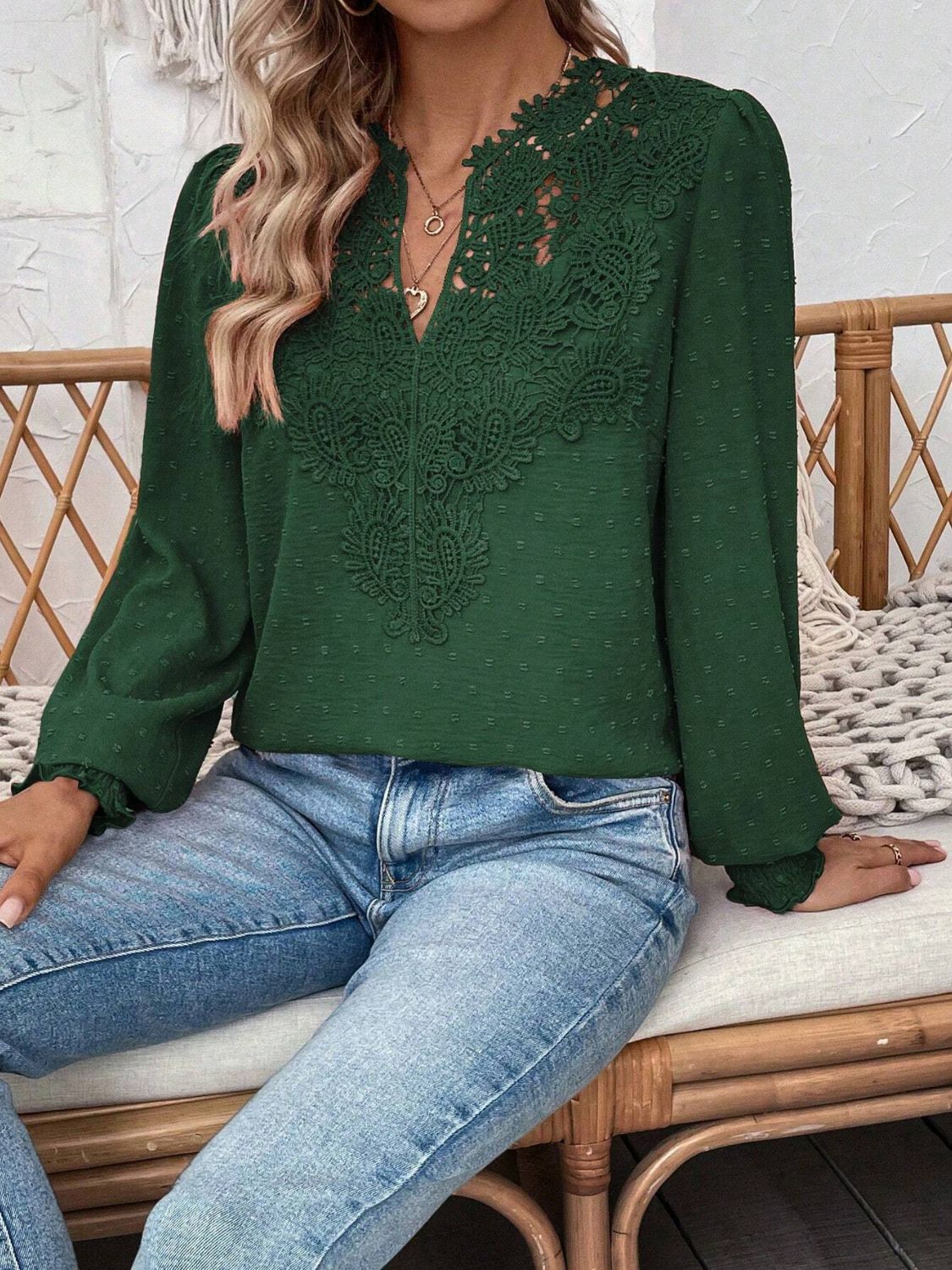 Swiss Dot Lace Detail Notched Long Sleeve Blouse - Classique Collection