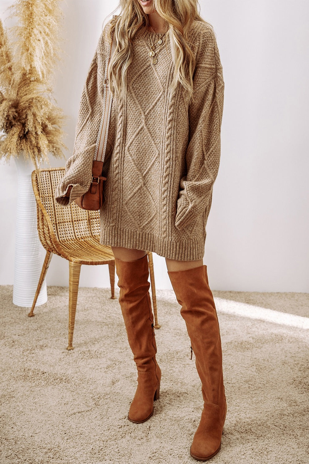 Cable-Knit Round Neck Sweater Dress - Classique Collection