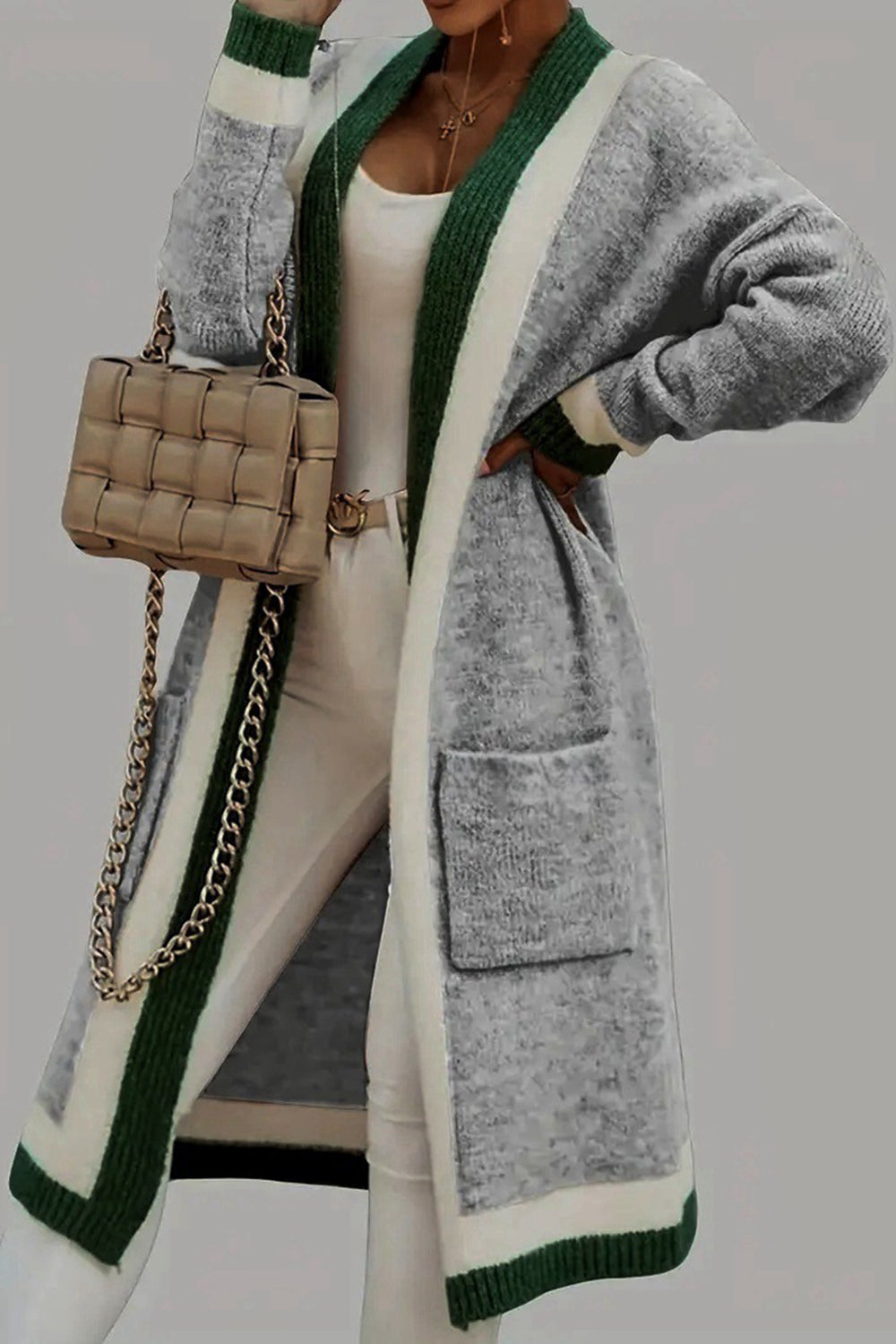 Pocketed Contrast Long Sleeve Hooded Cardigan - ClassiQ