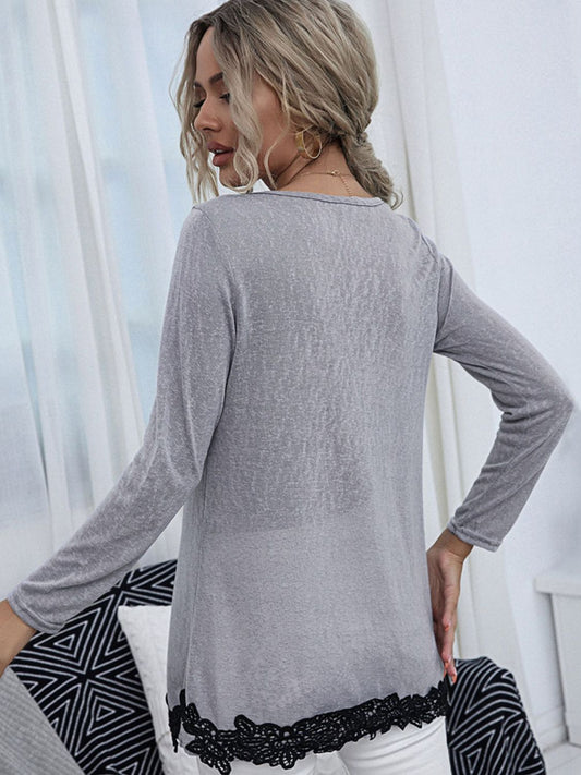 Shiny Spliced Lace Contrast Round Neck Top - Classique Collection