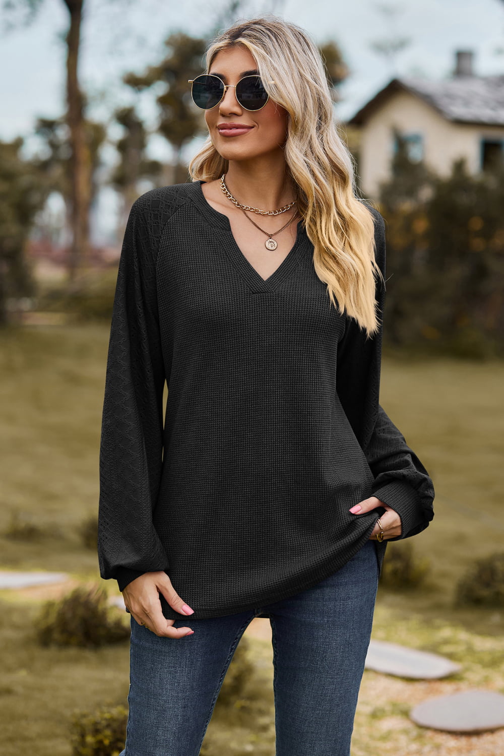 Notched Neck Raglan Sleeve Blouse - Classique Collection