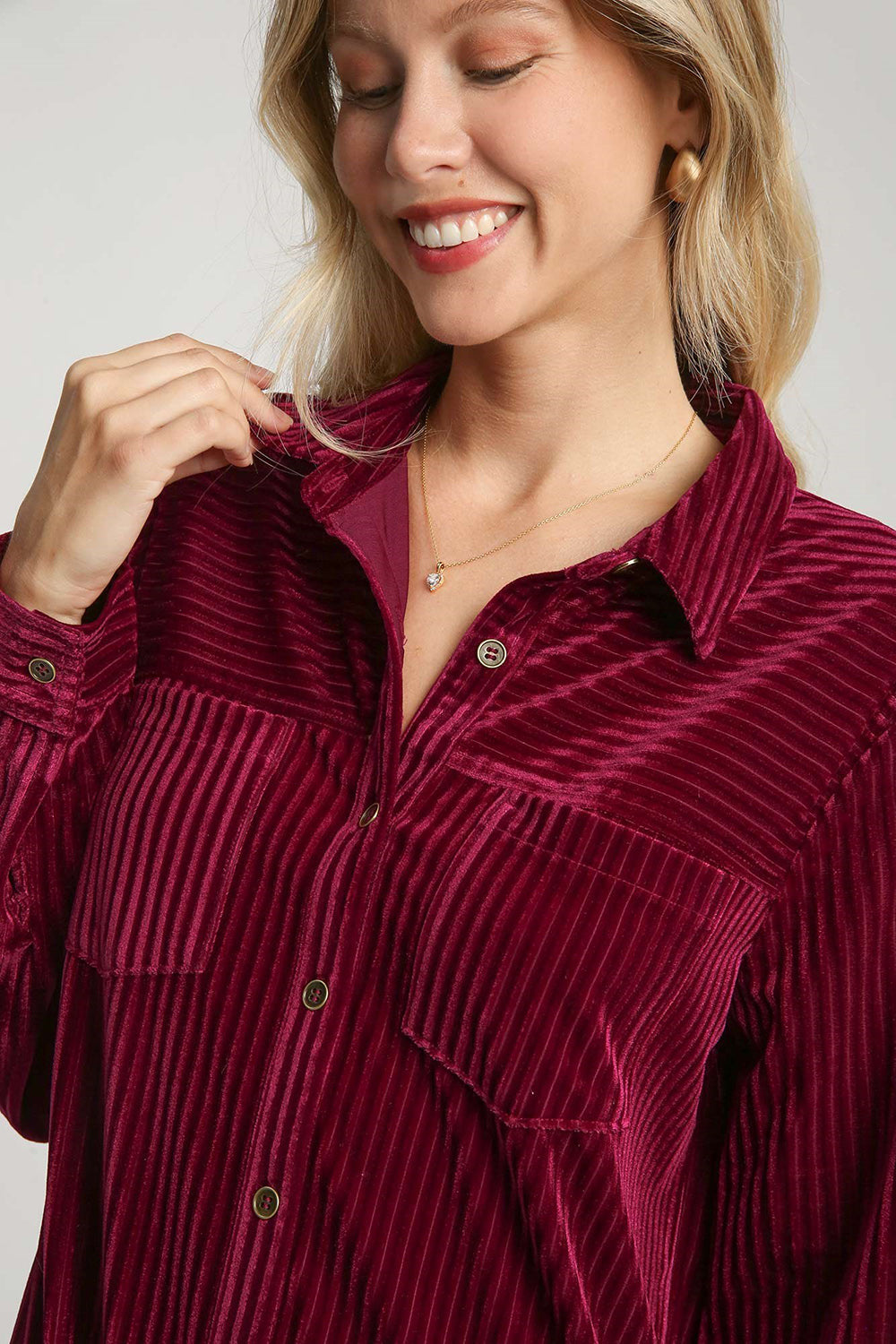 Umgee Texture Curved Hem Button Down Shirt Dress - Classique Collection