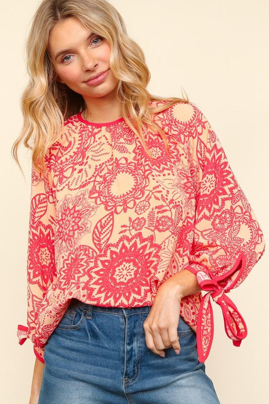 Haptics Ribbon Bow Detail Floral Round Neck Blouse - Classique Collection