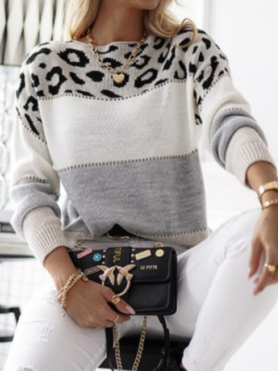 Leopard Color Block Round Neck Long Sleeve Sweater - ClassiQ