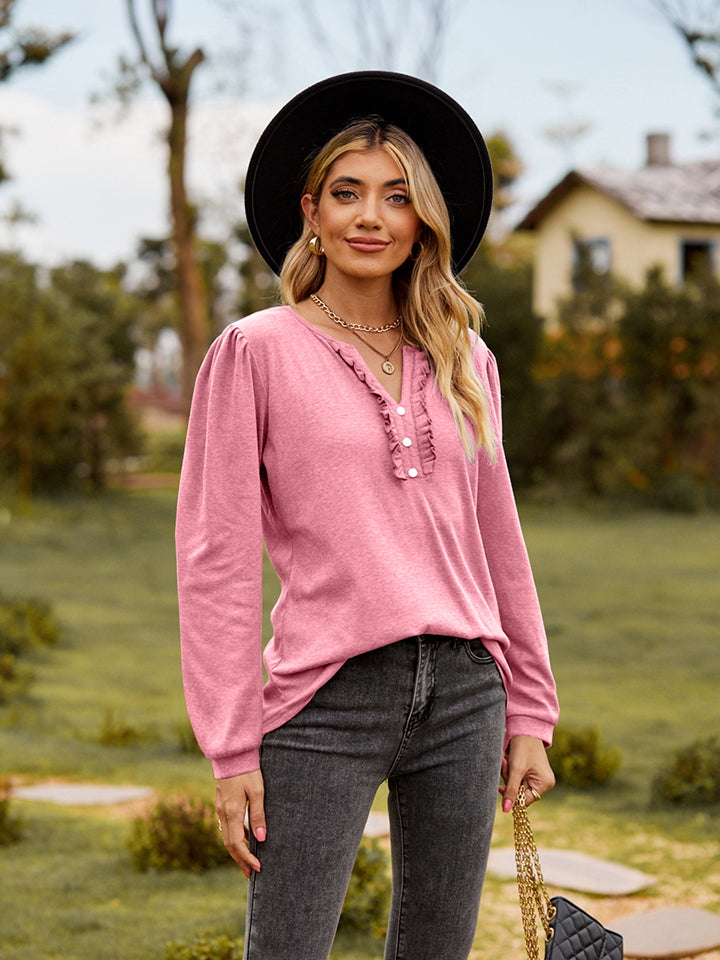 Puff Sleeve Ruffle Trim Blouse - Classique Collection