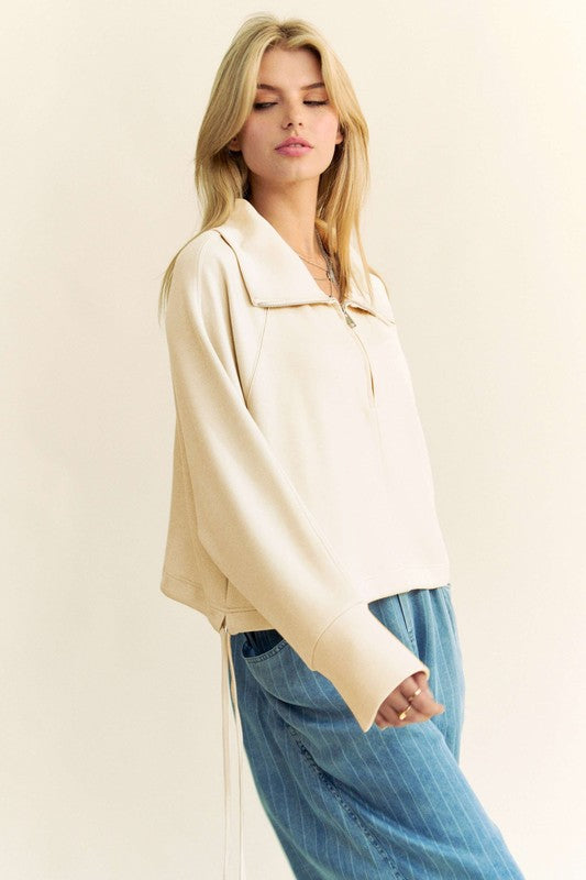 Davi & Dani Drawstring Hem Half Zip Raglan Sleeve Sweatshirt - Classique Collection