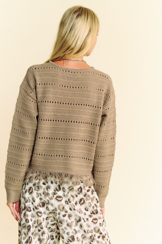 Davi & Dani Fringe Hem Openwork Drop Shoulder Knit Top - Classique Collection