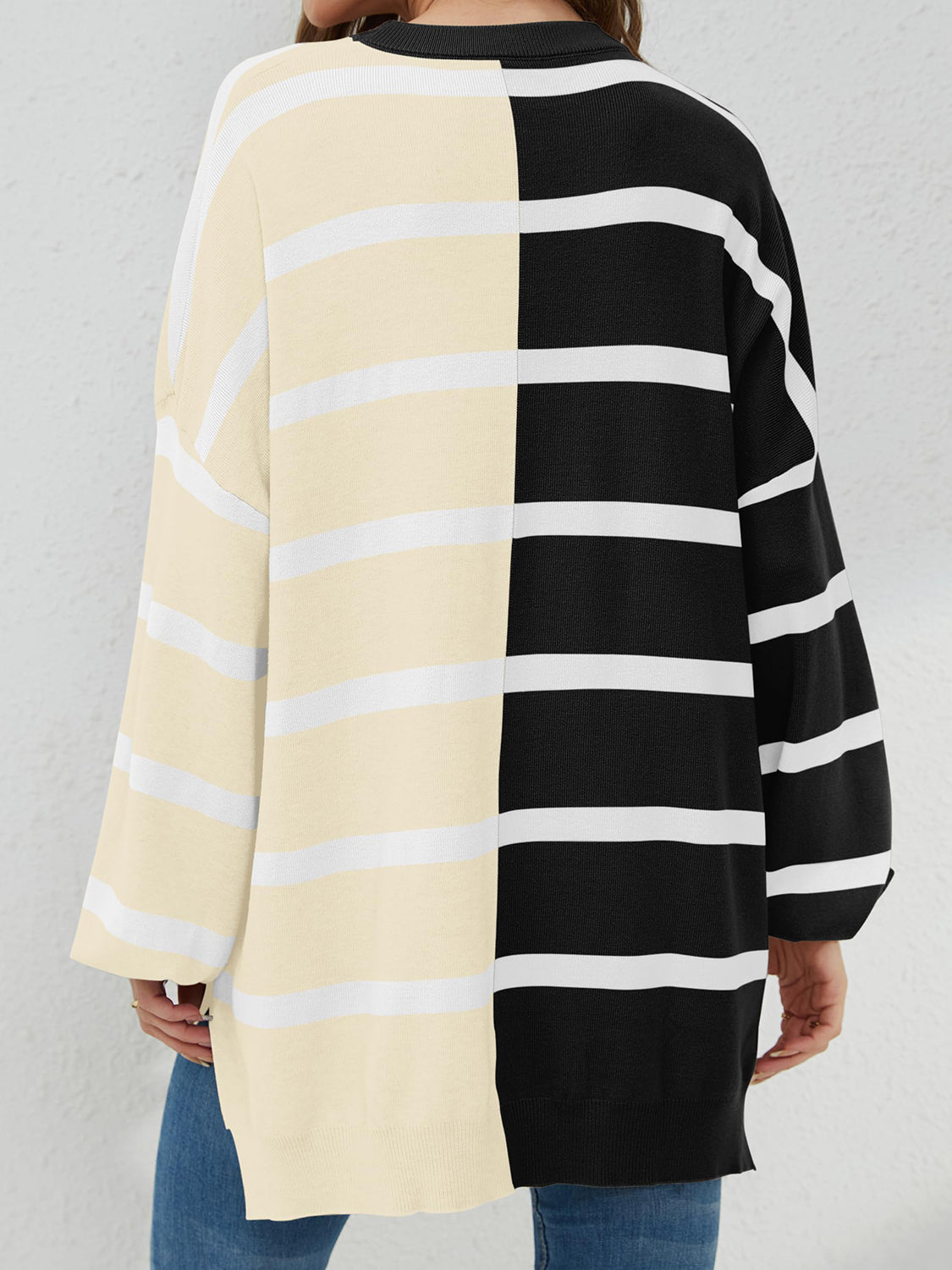 Striped Round Neck Long Sleeve Sweater - ClassiQ