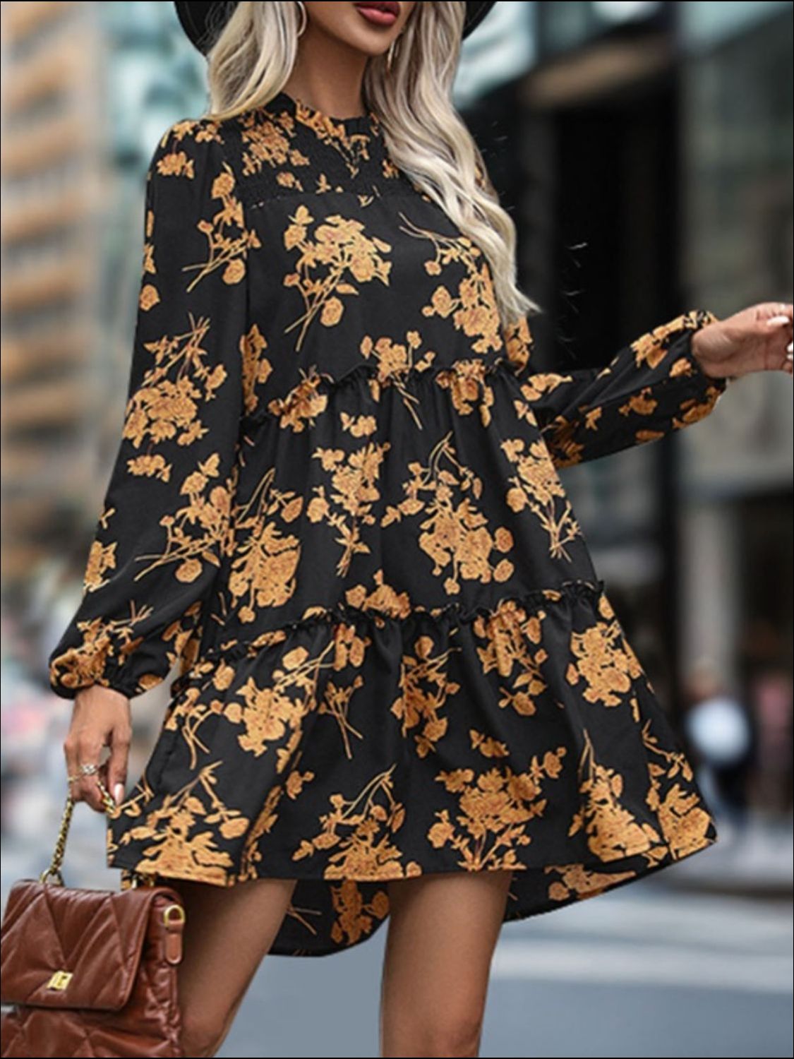 Perfee Frill Printed Long Sleeve Mini Dress - Classique Collection