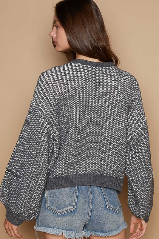 POL Round Neck Heart Patch Zipper Point Sleeve Sweater - ClassiQ