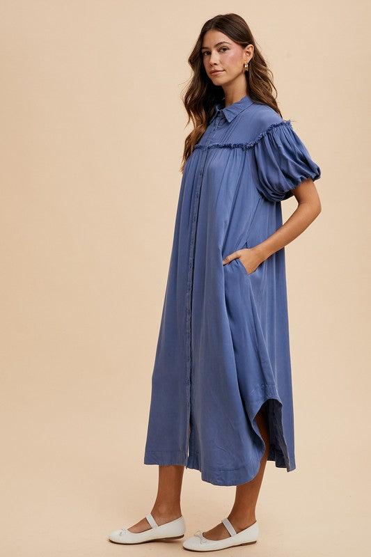 Annie Wear Mineral Washed Button Down Puff Sleeve Shirt Dress - ClassiQ