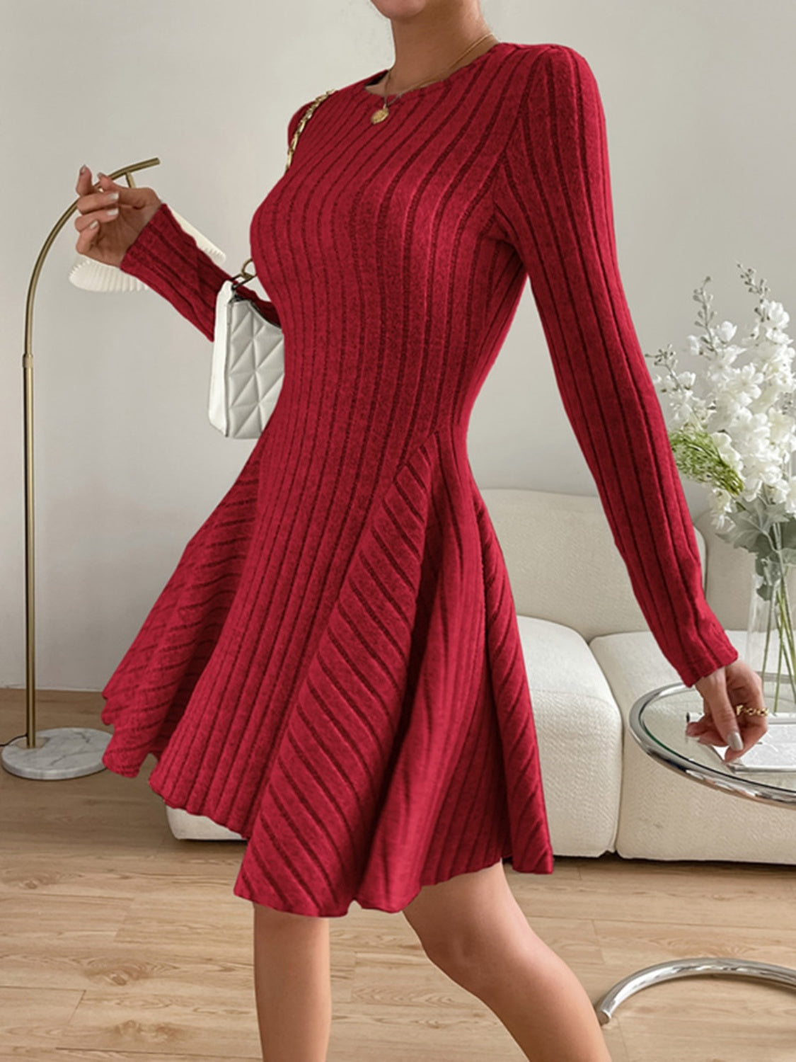 Ribbed Round Neck Long Sleeve Dress - Classique Collection