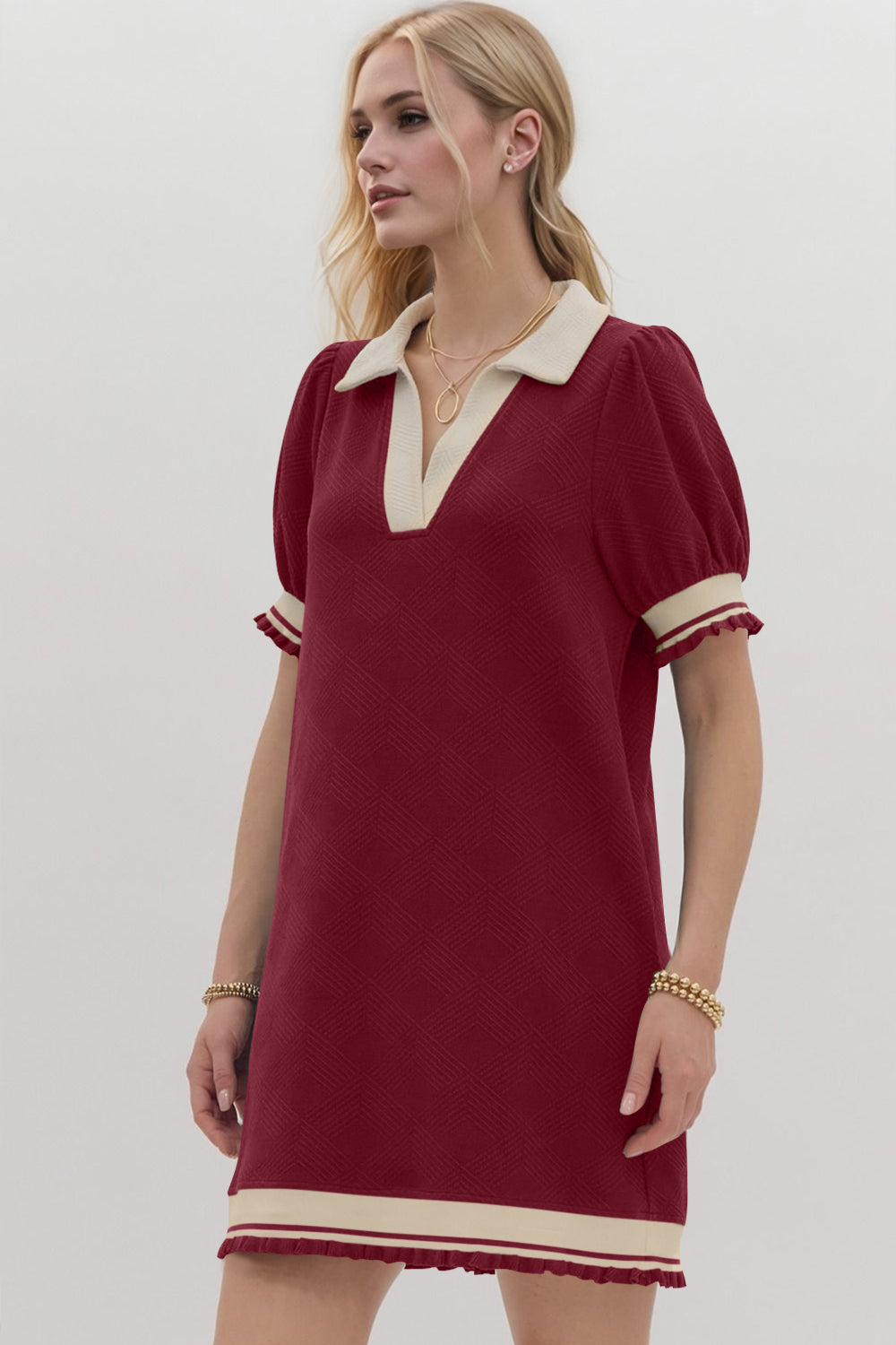 Oh Frill Contrast Trim Johnny Collar Short Sleeve Mini Dress - Classique Collection