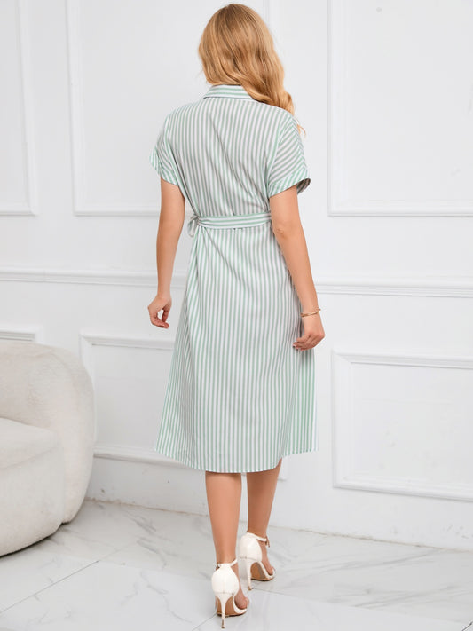 Striped Short Sleeve Tie Waist Midi Dress - Classique Collection