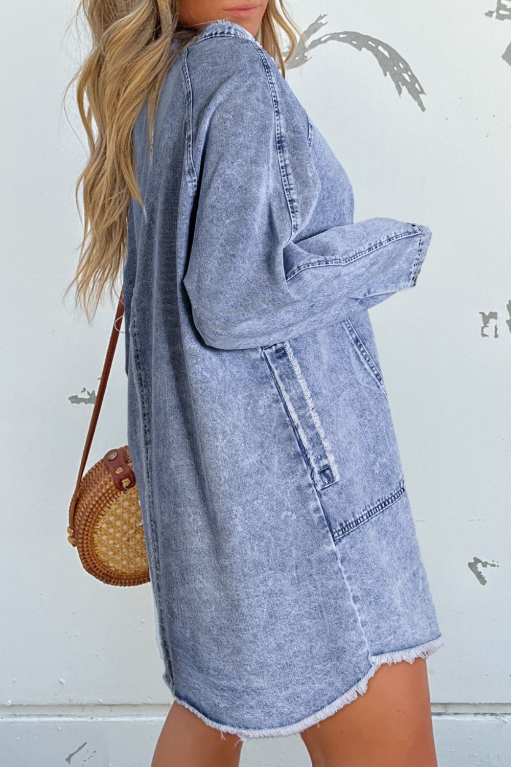 Raw Hem Button Down Long Sleeve Denim Dress - Classique Collection