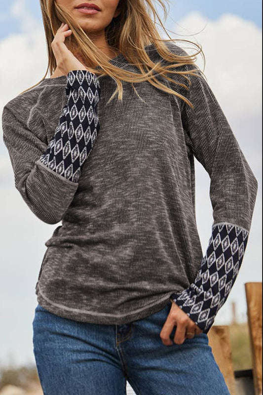 Geometric Round Neck Long Sleeve Top - Classique Collection