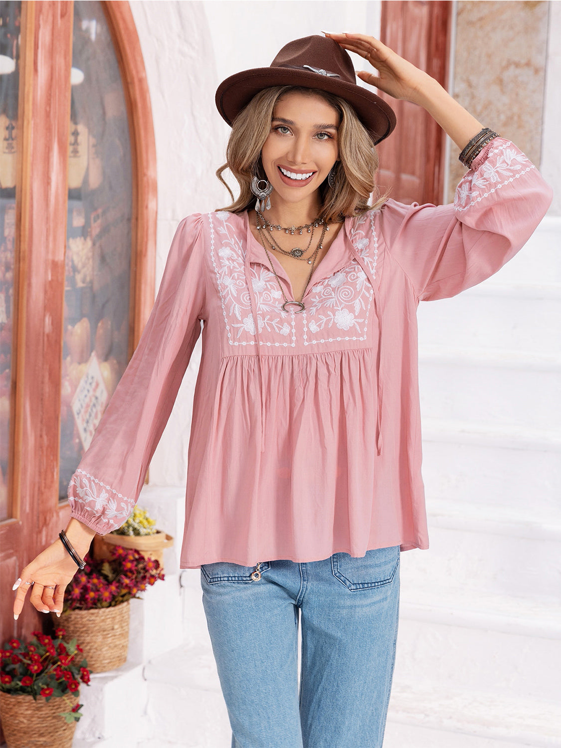 Floral Tie Neck Balloon Sleeve Blouse - Classique Collection