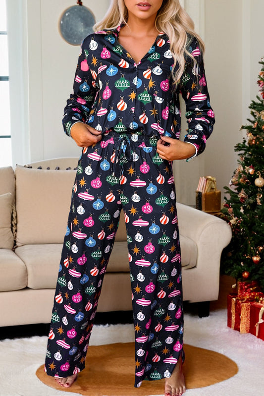 Christmas Lights Print Collared Neck Top and Pants Set - ClassiQ