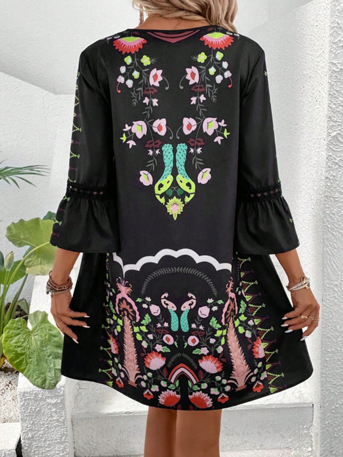 Lace Detail Printed Three-Quarter Sleeve Dress - Classique Collection
