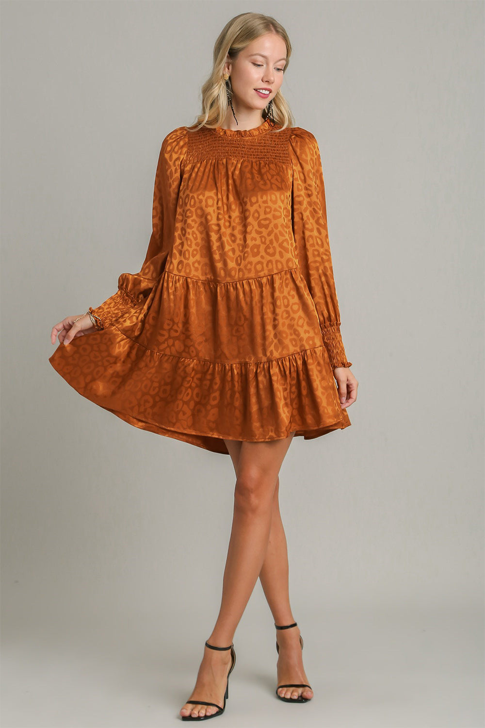 Umgee Smocked Leopard Long Sleeve Tiered Dress - Classique Collection