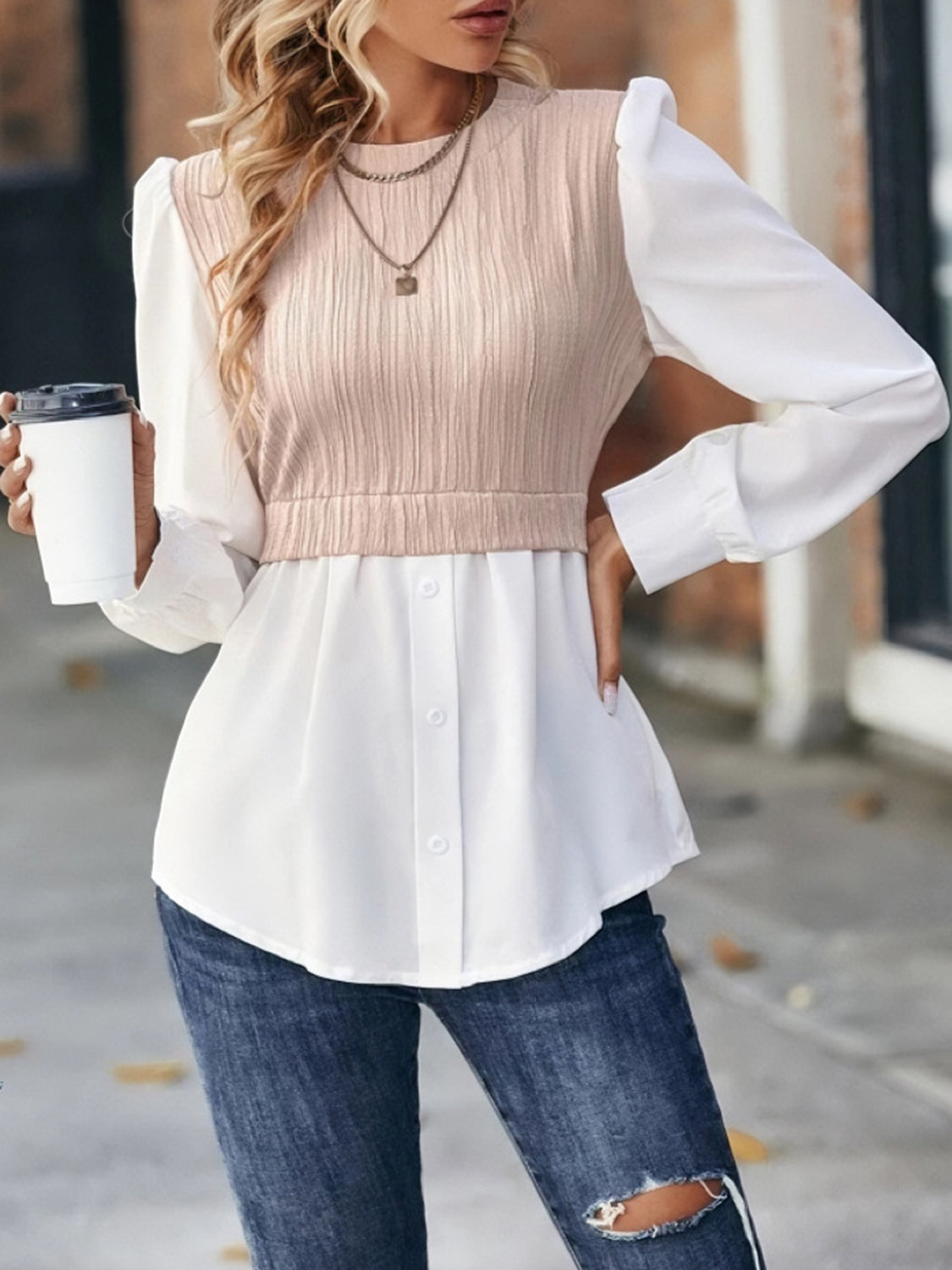 Contrast Round Neck Puff Sleeve Blouse - Classique Collection