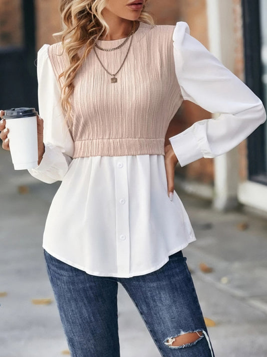 Contrast Round Neck Puff Sleeve Blouse - Classique Collection