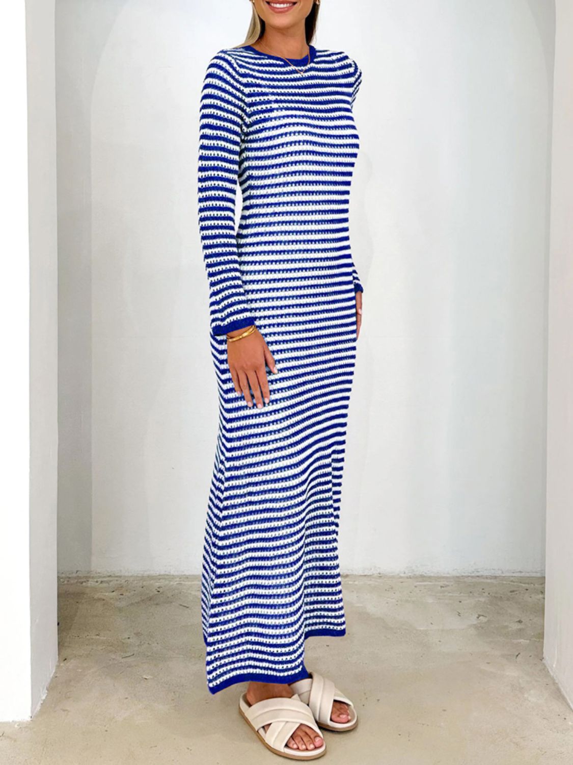 Devine Tied Round Neck Striped Sweater Dress - Classique Collection