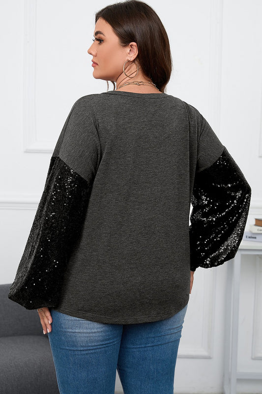 Plus Size Sequin Long Sleeve V-Neck Top - Classique Collection